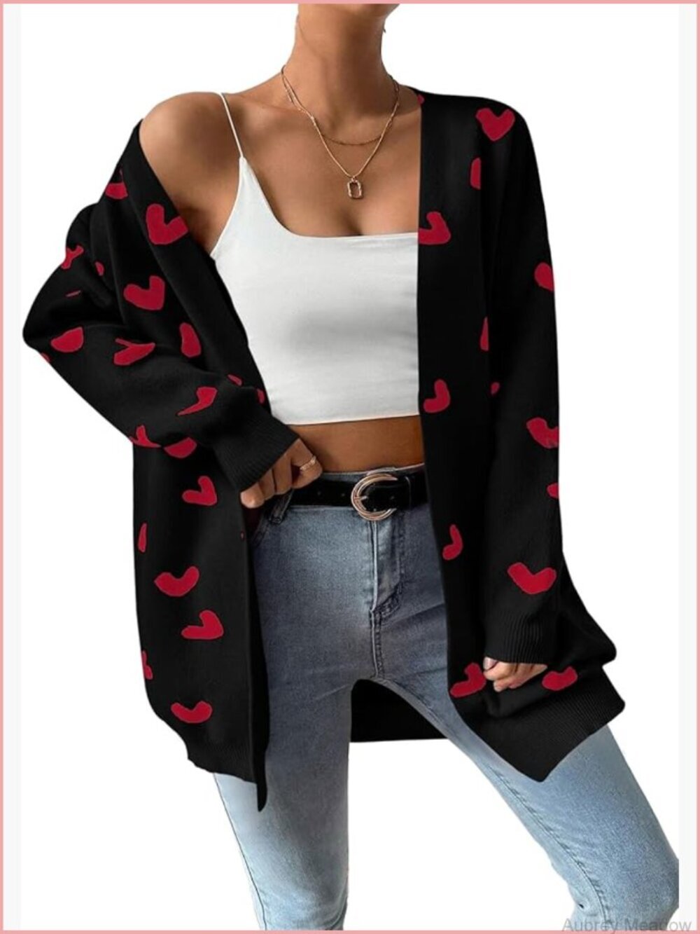 Oversized Long Sleeve Open Front Knit Cardigan with Heart Pattern